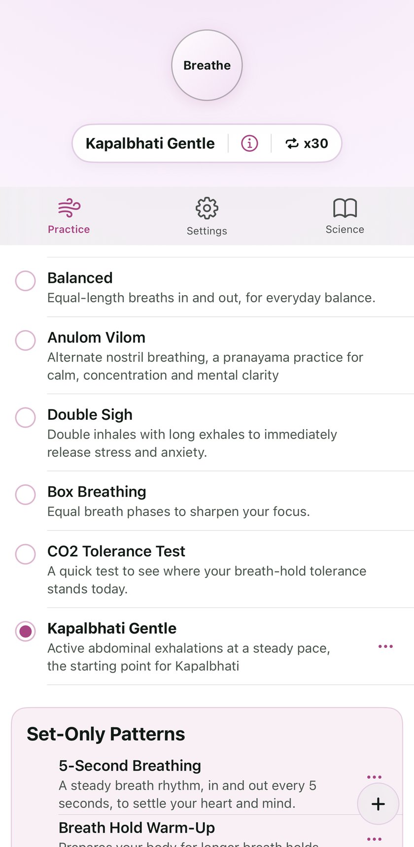 The Ungasp pattern and set library screen
