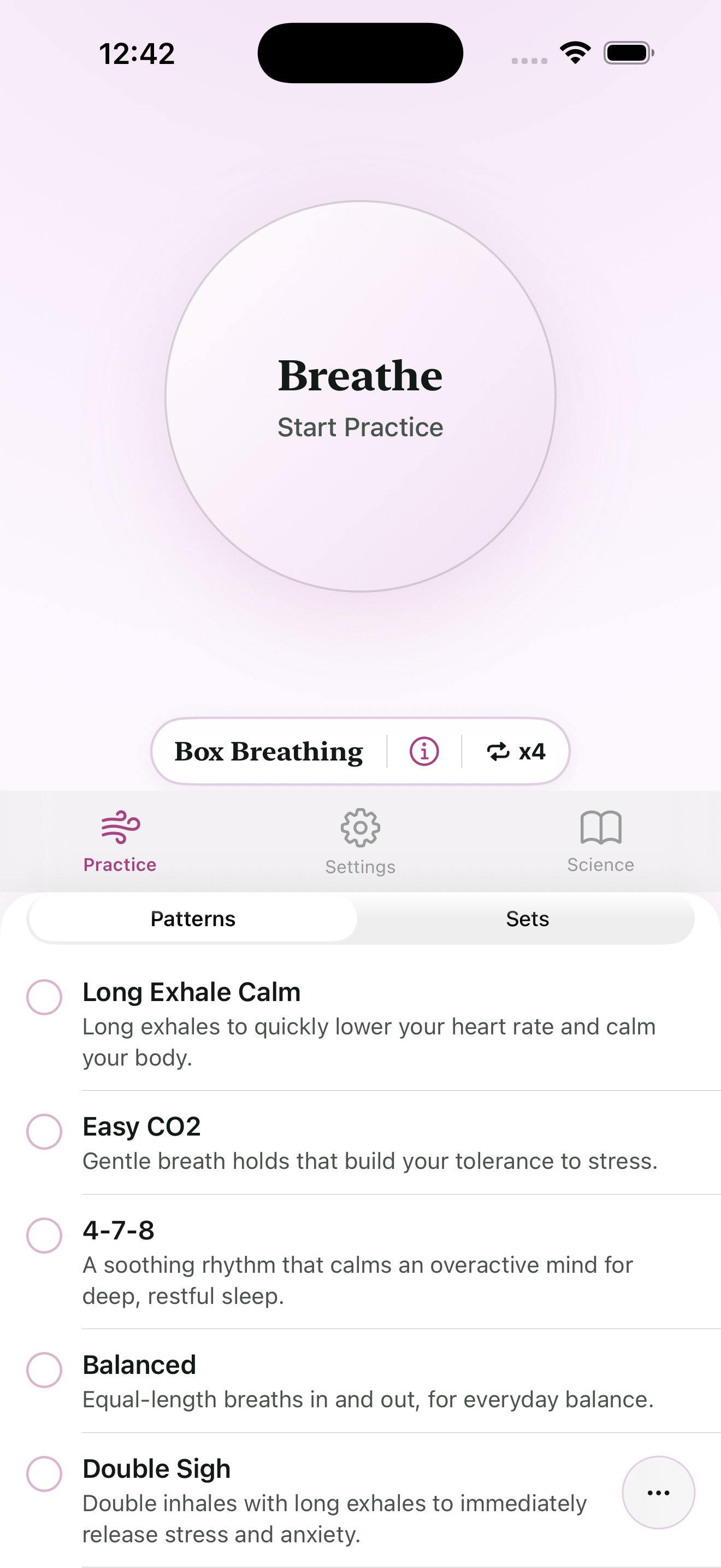 The Ungasp home screen, with the breathing orb and the pattern list